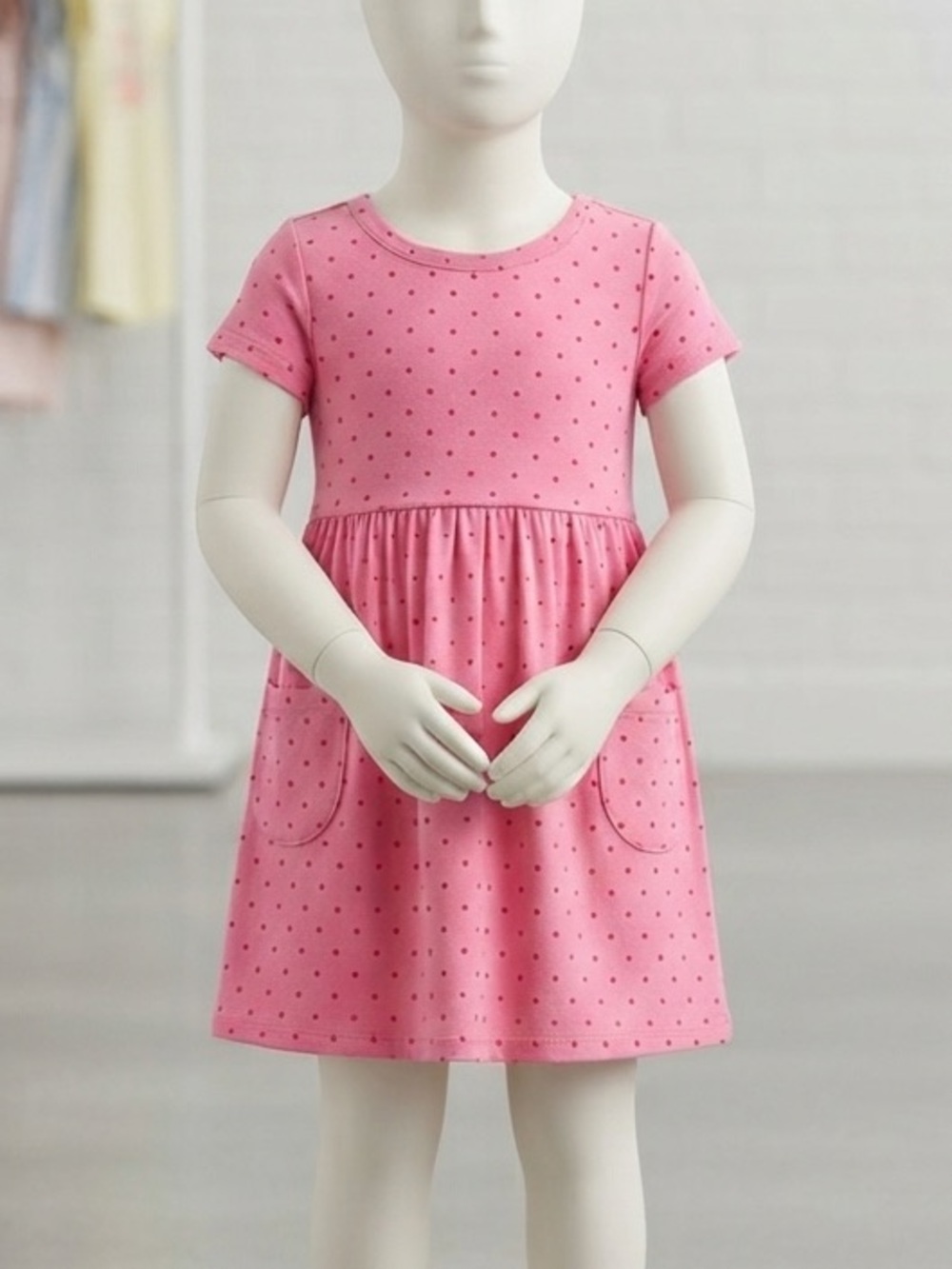 Girls' Pink Short-Sleeve Polka Dot Pocket Dress